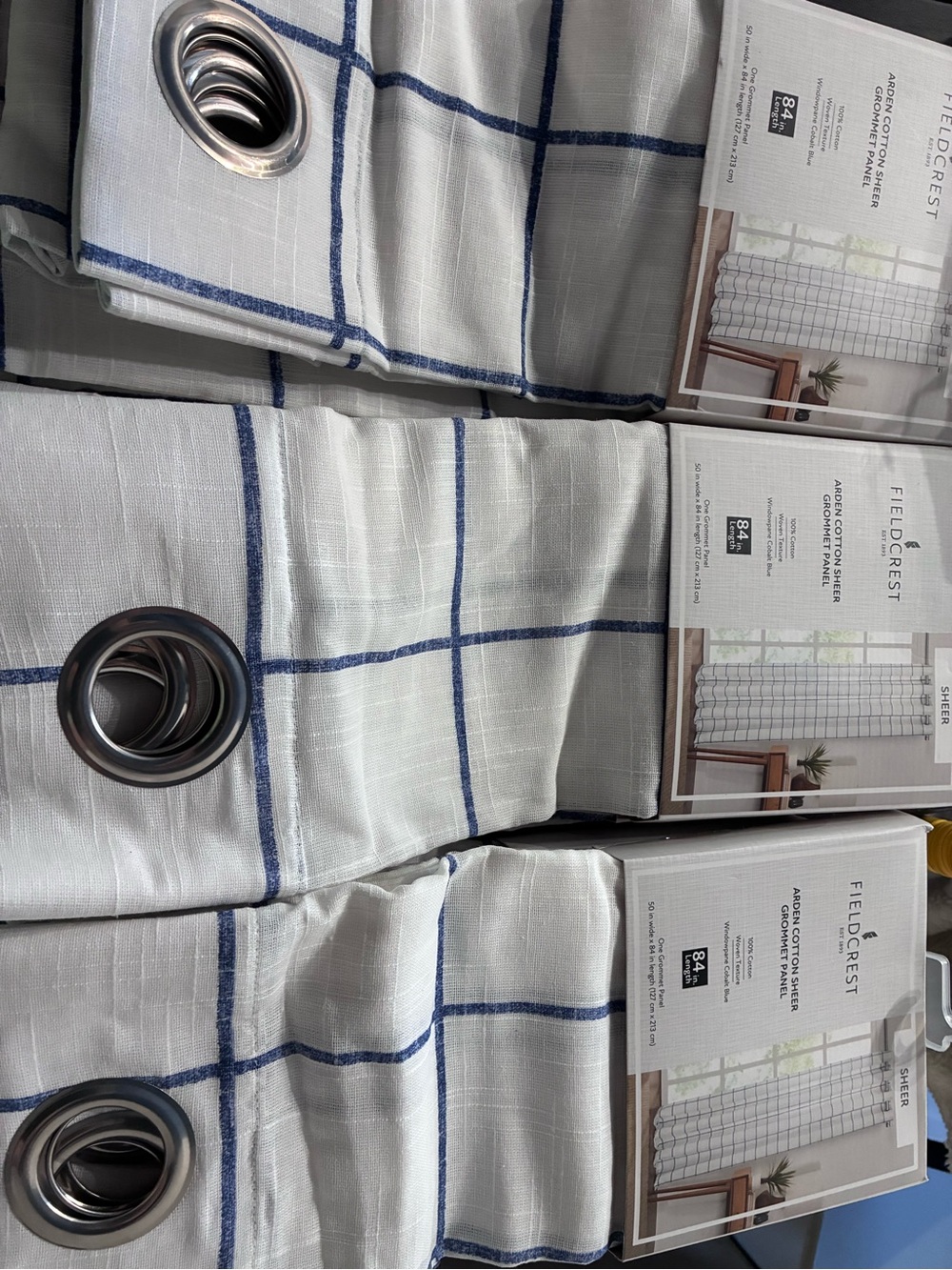 6 Panels Fieldcrest White Sheer Cotton Grommet Panel with Cobalt Blue Windowpane